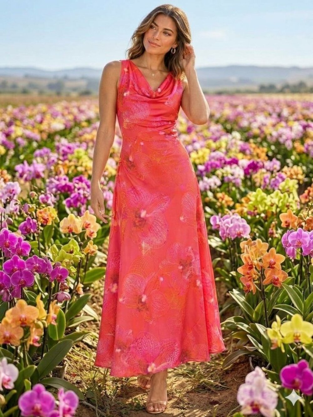 Paperheart Coral Pink Floral Satin Cowl Neck Maxi Dress Size M NWT